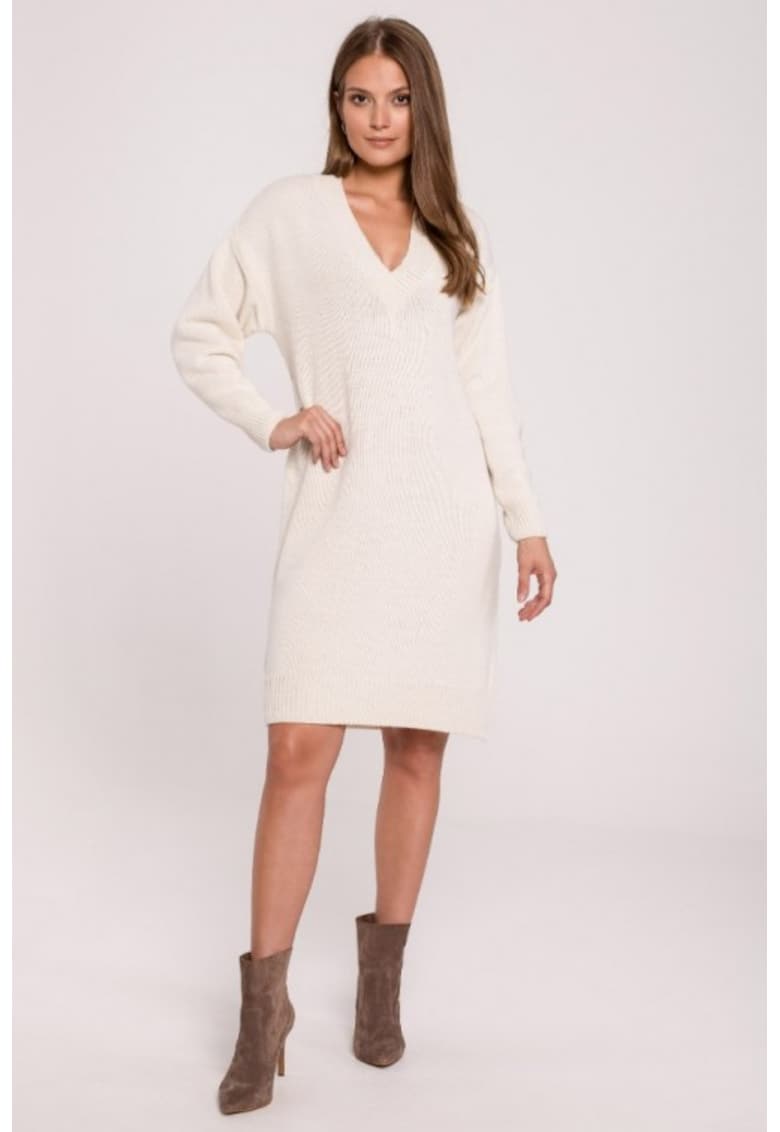 Rochie tip pulover cu decolteu in V - - Ecru