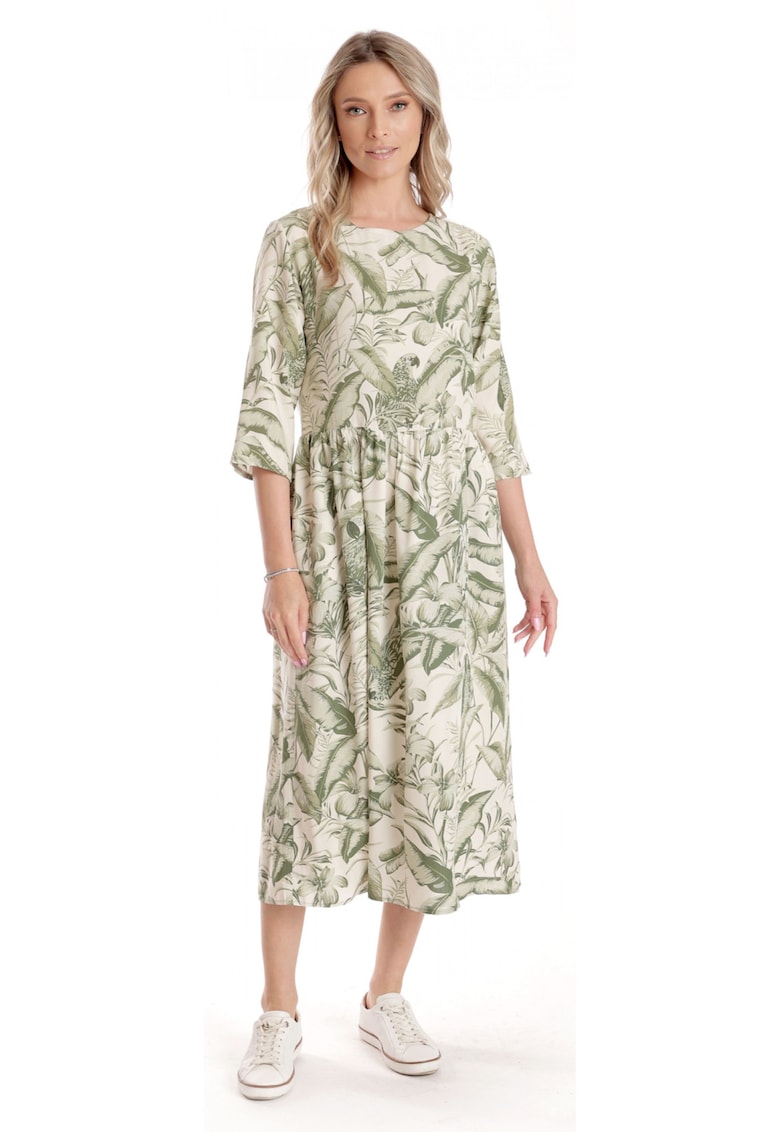 Rochie Lunga Dama V271 - crem cu imprimeu floral verde