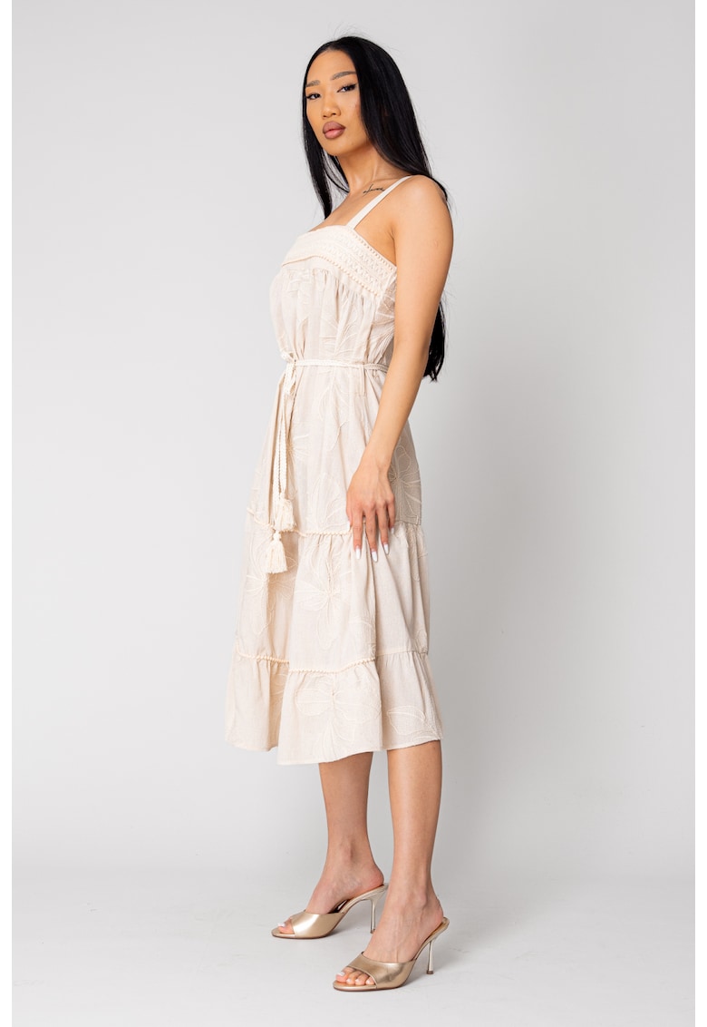 Rochie Lunga cu bretele si broderie Beige 16510 - Bej