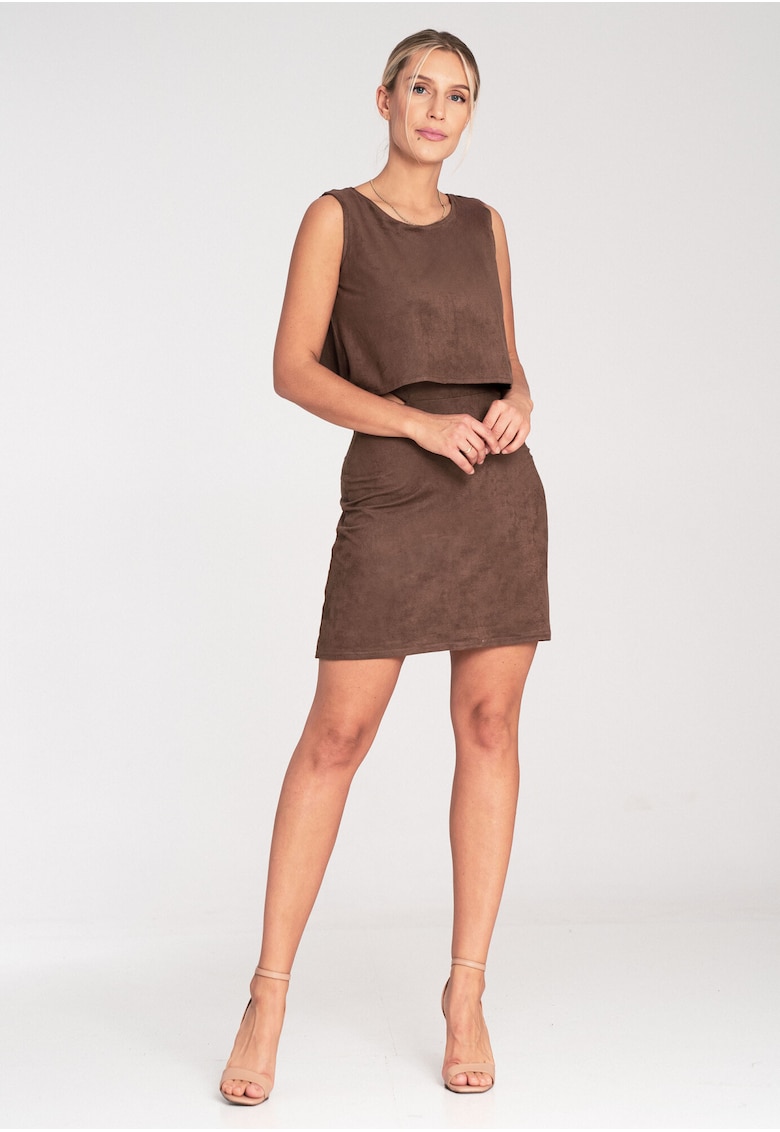 Rochie M1060 - imitatie piele intoarsa - fara bretele - maro