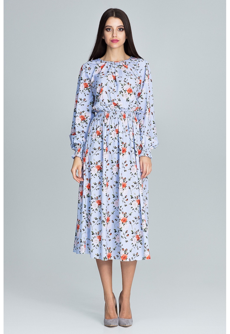 Rochie M600 - florala - albastru - midi - maneci lungi - poliester 95% - elastan 5%