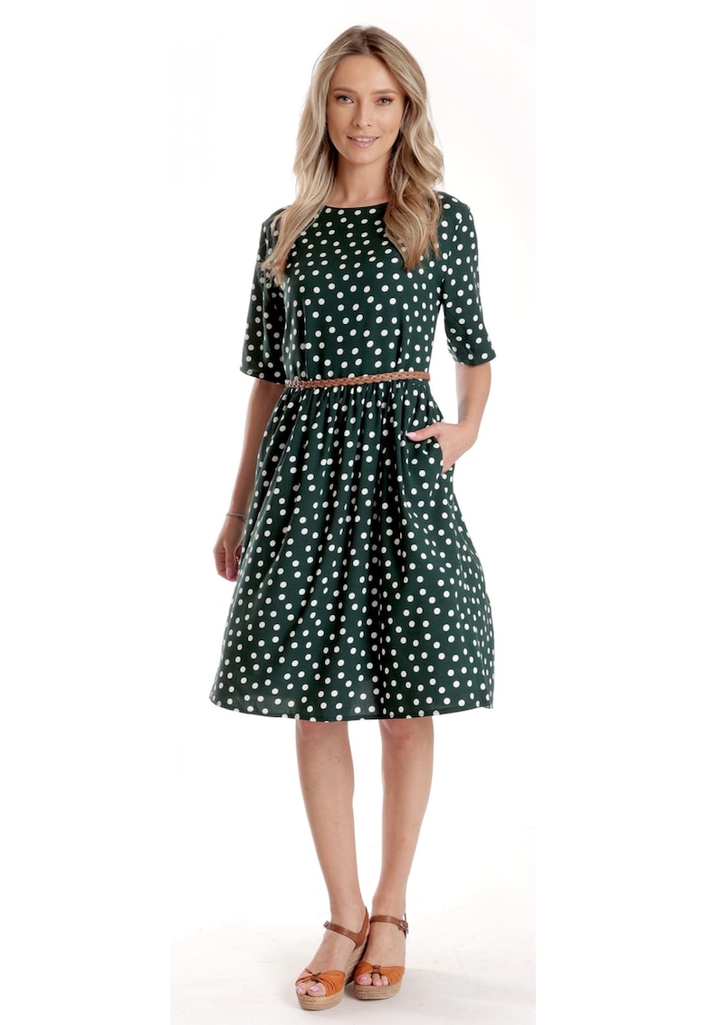 Rochie Medie Dama V273 - Verde inchis cu buline albe