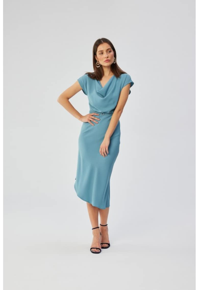 Rochie asimetrica cu decolteu in cascada - - Albastru