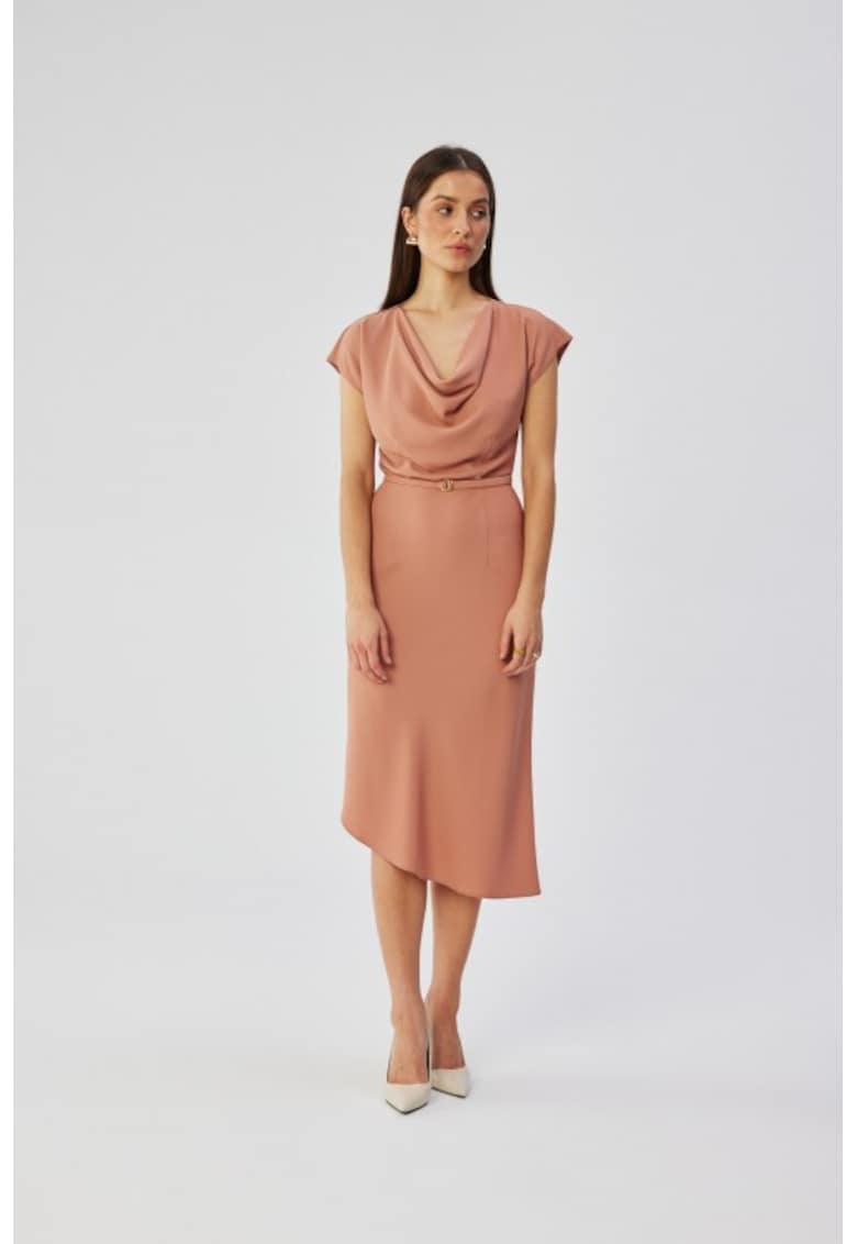 Rochie asimetrica cu decolteu in cascada - - Bej