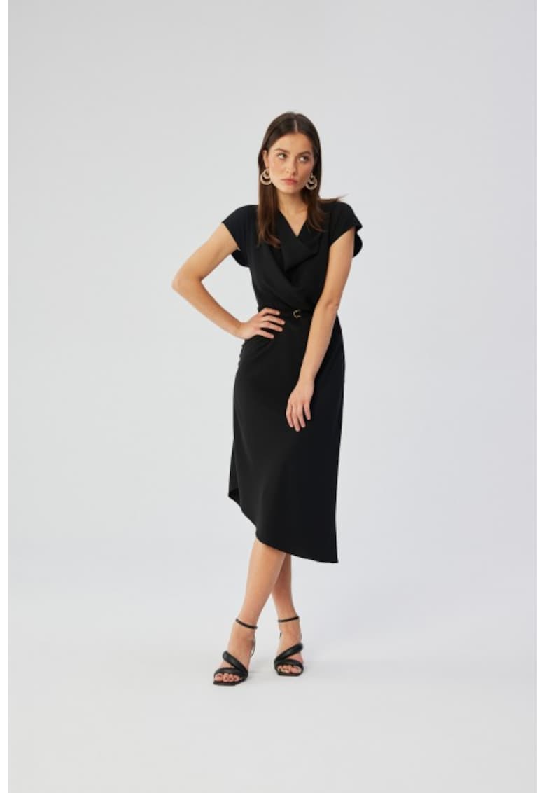 Rochie asimetrica cu decolteu in cascada - - Negru