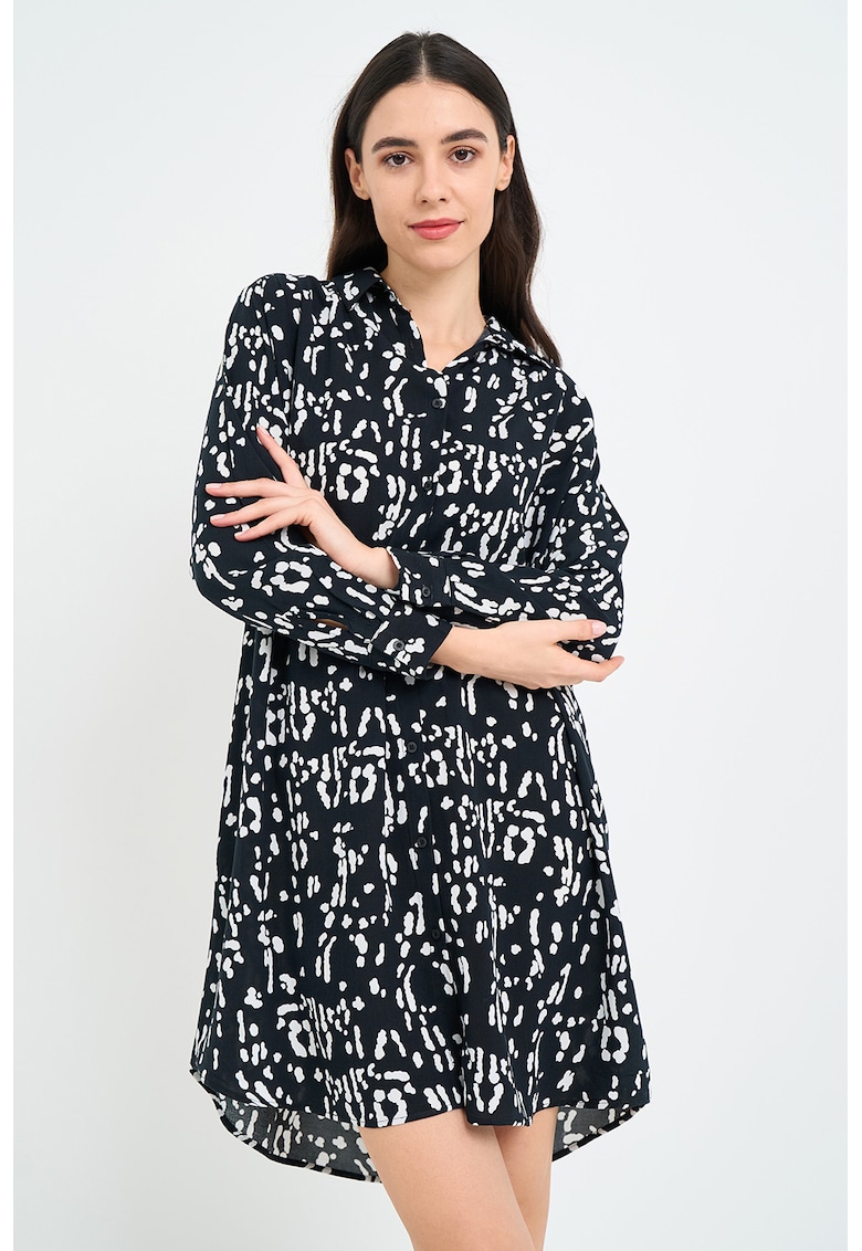 Rochie asimetrica cu model si maneci lungi - Alb/Negru