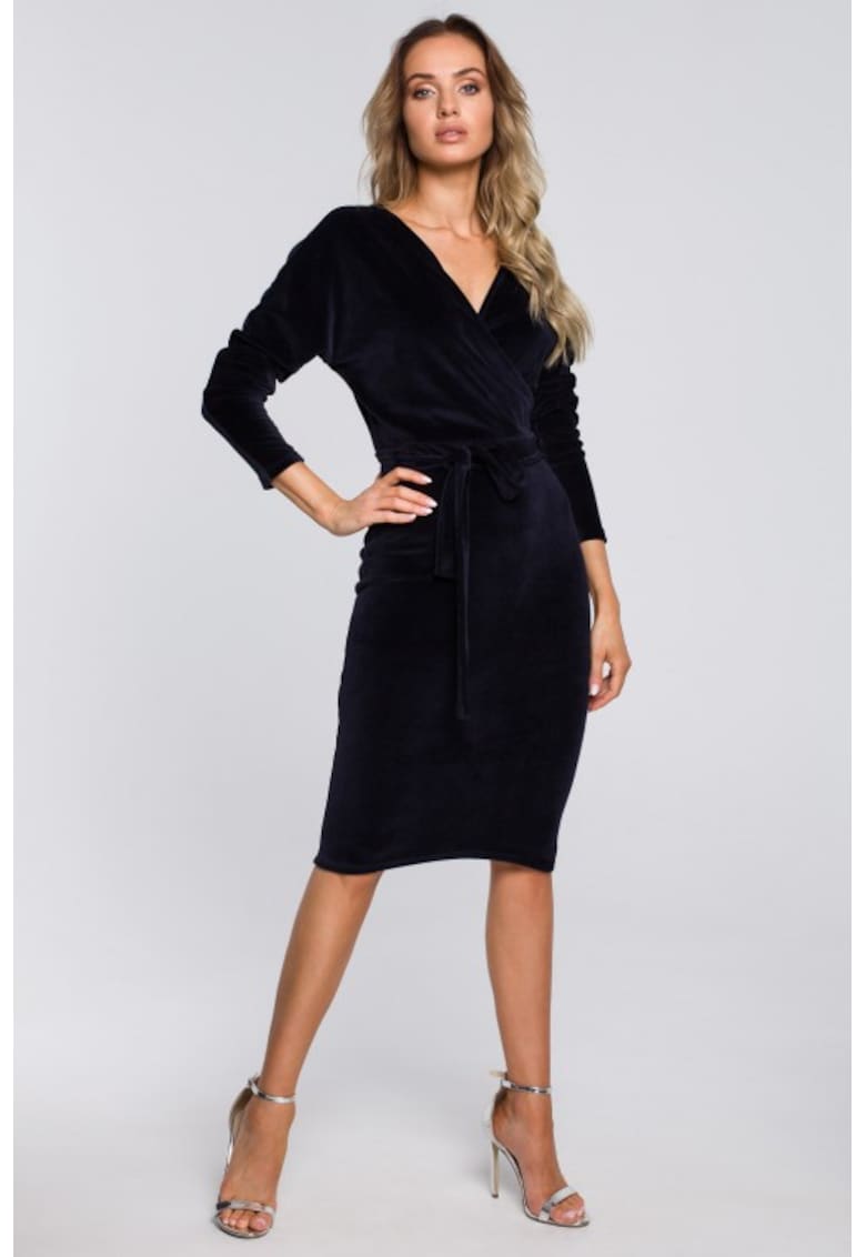 Rochie bodycon din catifea cu decolteu in V - - Albastru