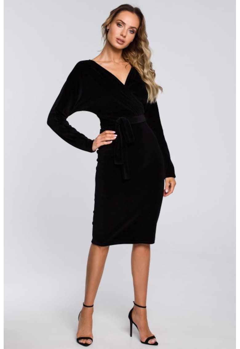 Rochie bodycon din catifea cu decolteu in V - - Negru