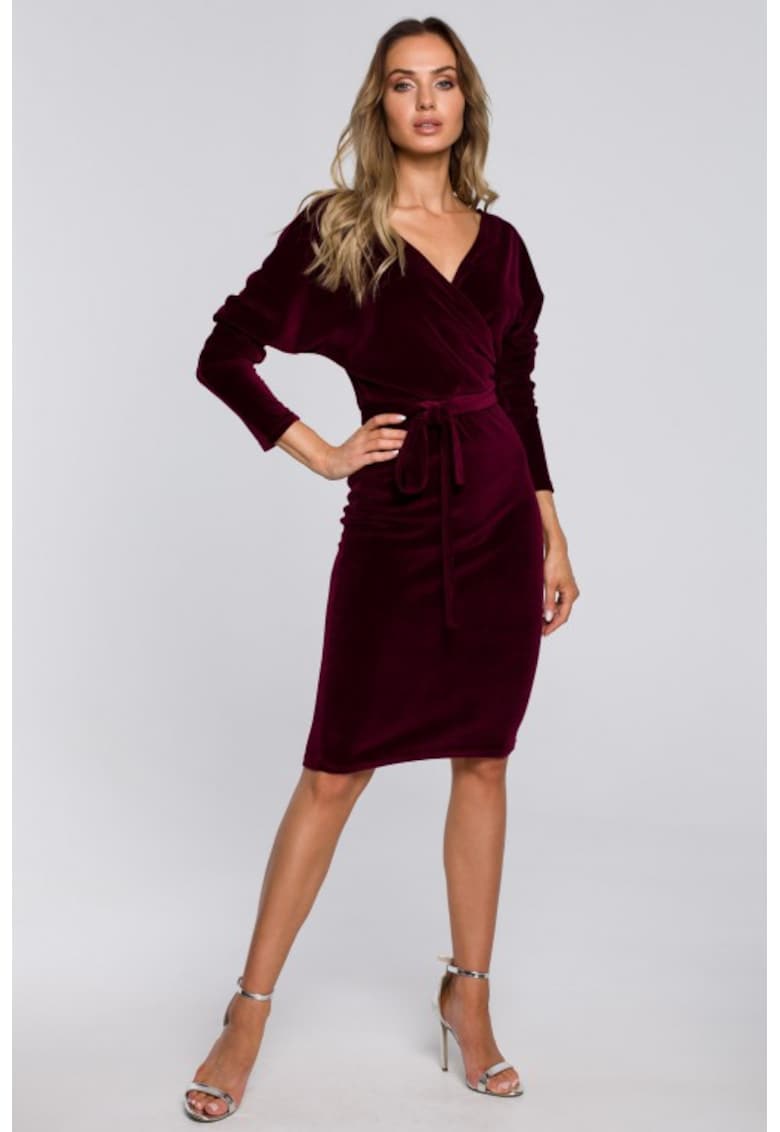 Rochie bodycon din catifea cu decolteu in V - - Rosu