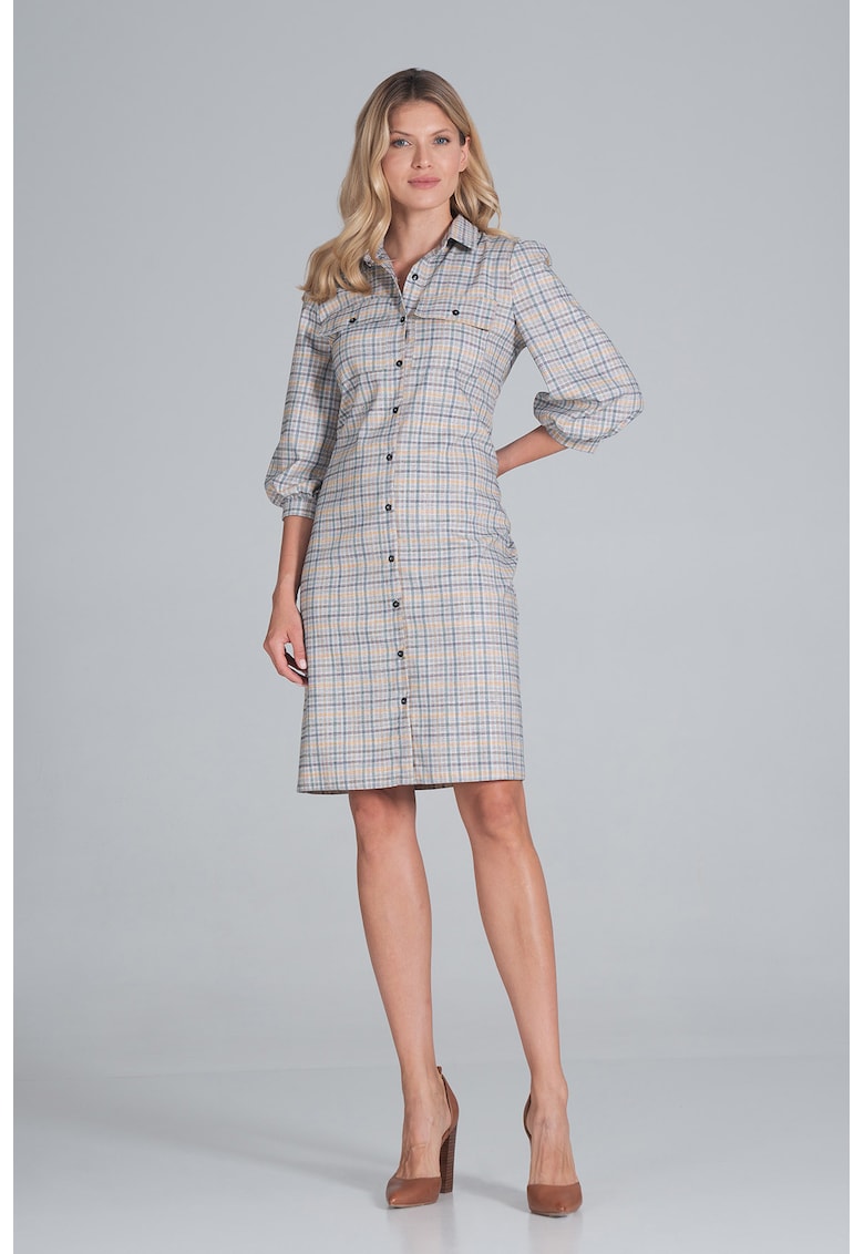 Rochie camasa M849 - carouri - poliester - gri