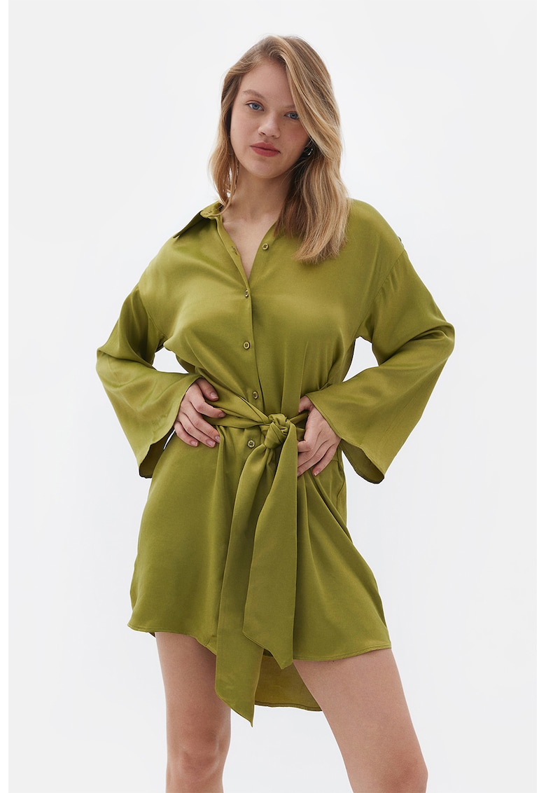 Rochie-camasa asimetrica cu cordon in talie - Verde masliniu