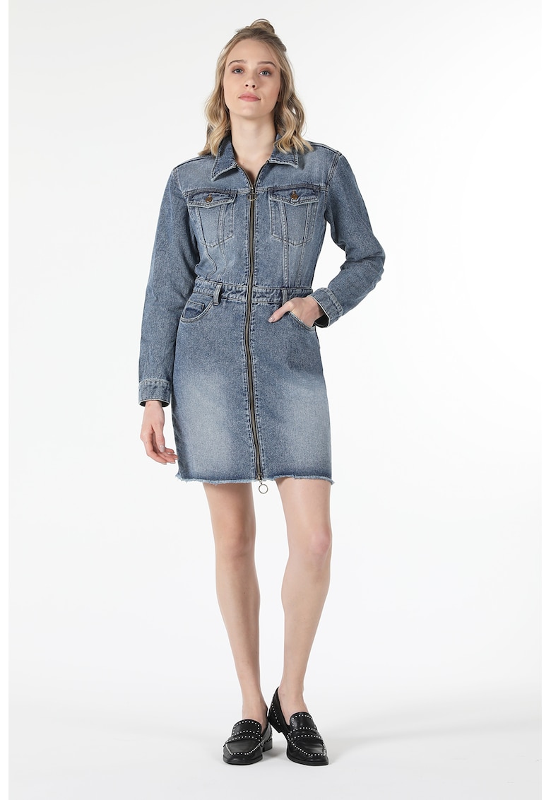 Rochie-camasa din denim cu fermoar - Albastru prafuit
