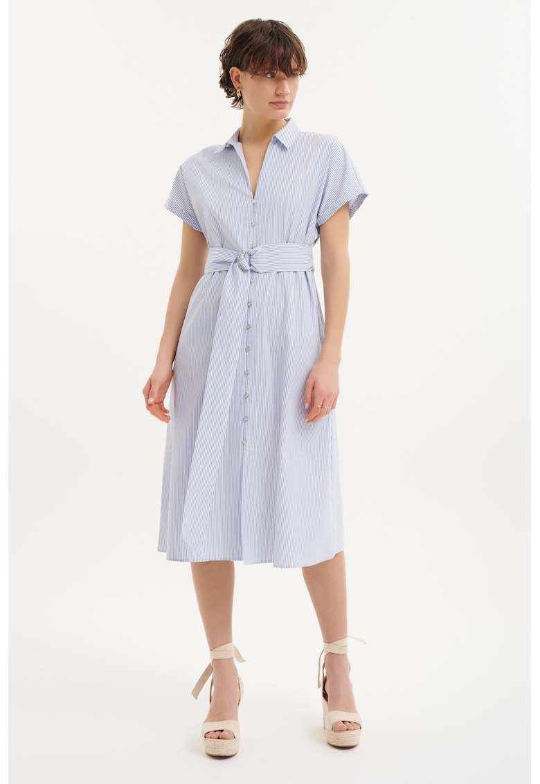 Rochie-camasa in dungi cu un cordon in talie - Albastru deschis