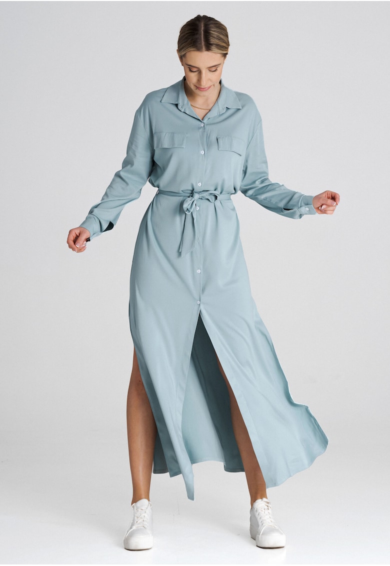 Rochie camasa lunga menta - maneci lungi - guler clasic - poliester