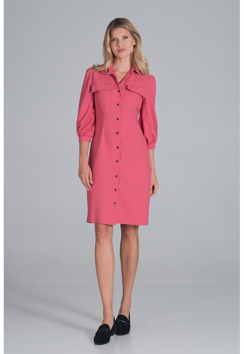 Rochie camasa maneci bufante 3/4 - culoare coral - poliester