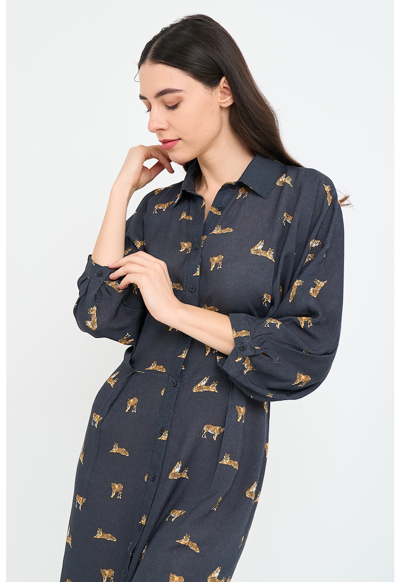 Rochie-camasa midi cu model si maneci 3/4 - Albastru ultramarin/Portocaliu pal