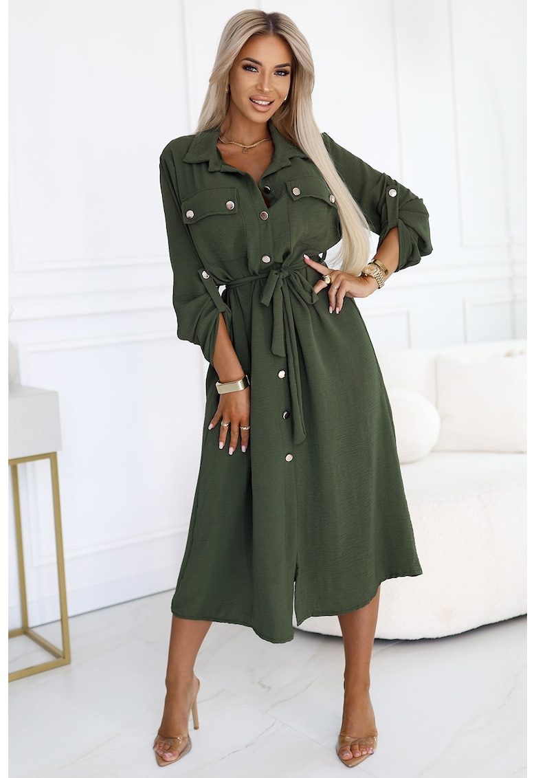 Rochie camasa midi cu nasturi aurii si cordon - - Verde