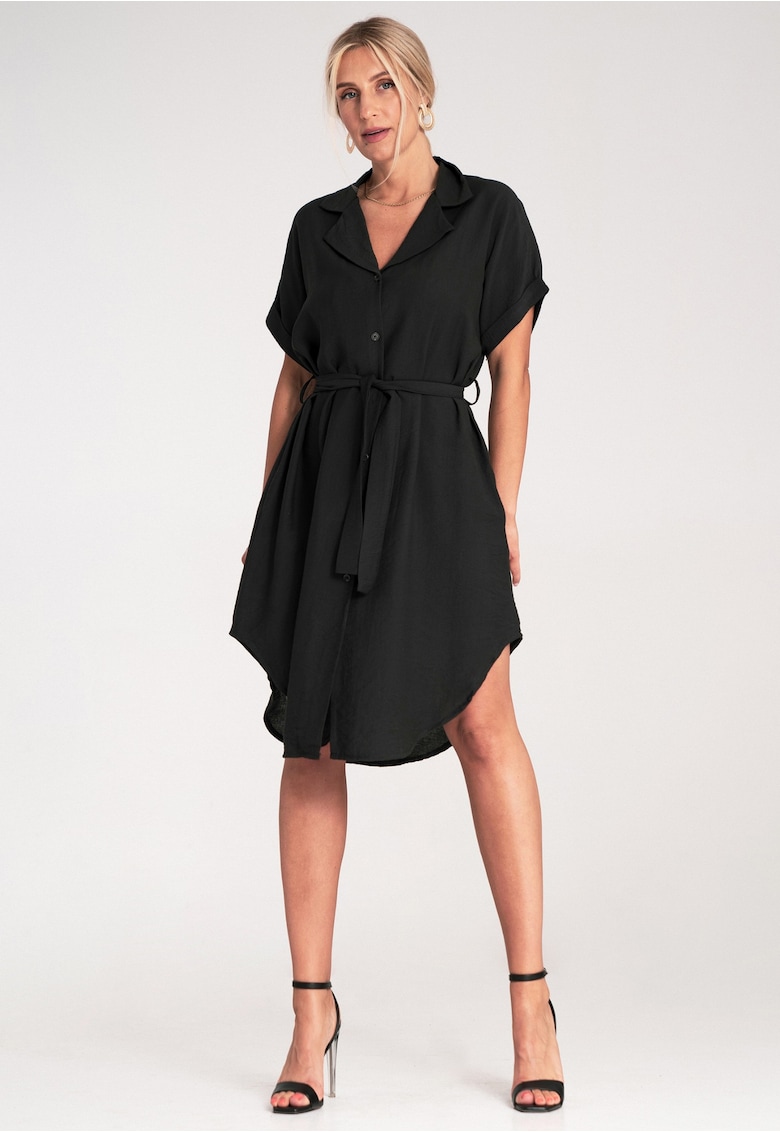 Rochie camasa - neagra - asimetrica - din viscoza - cu curea -