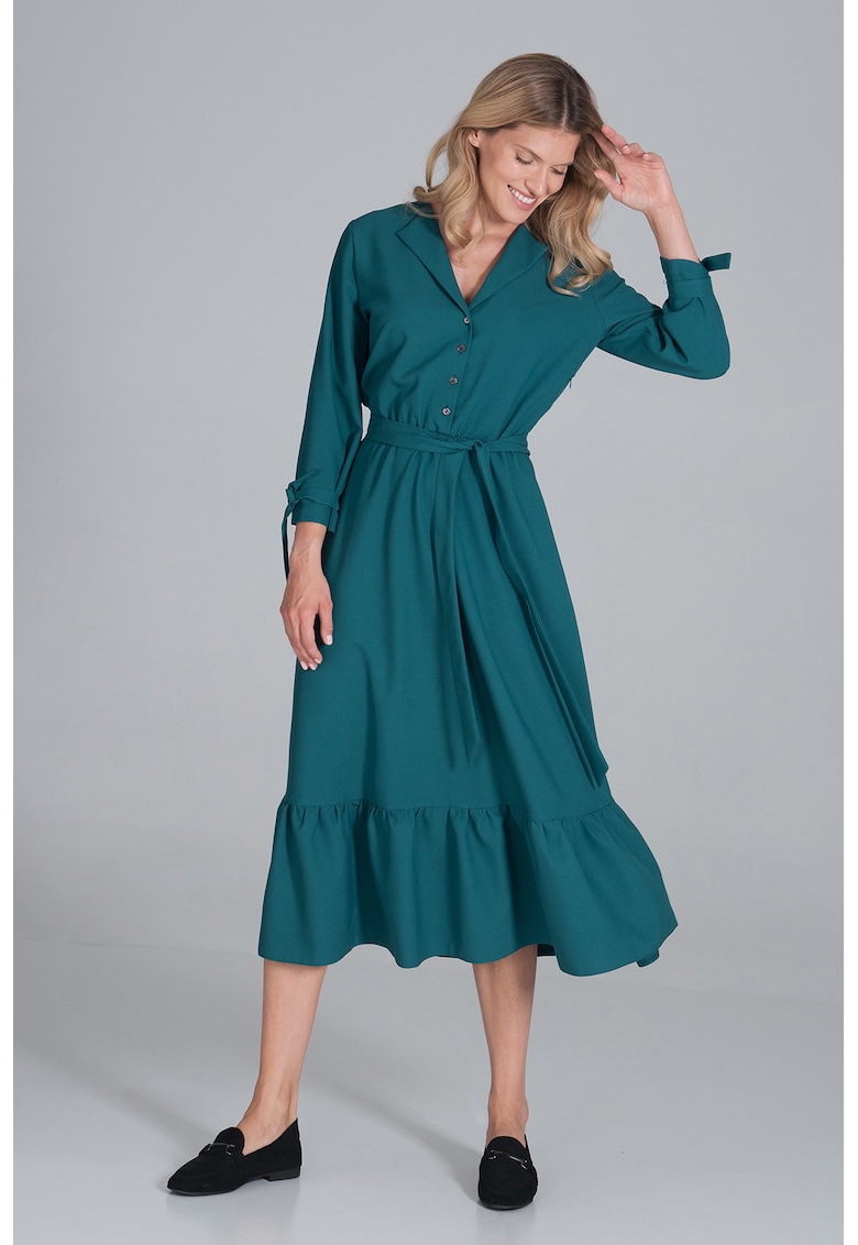 Rochie camasa verde - cu centura - poliester -