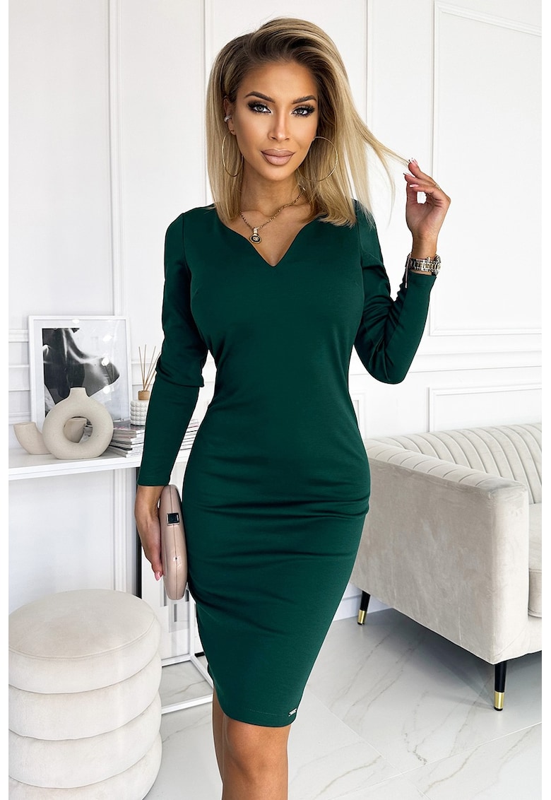 Rochie clasica cu decolteu si maneca lunga - - Verde sticla