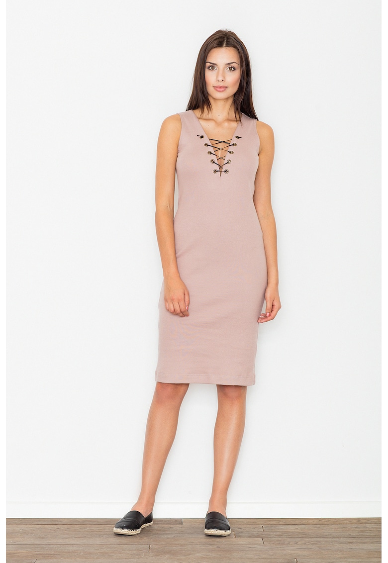 Rochie creion M487 - roz - bumbac - decolteu in V - lungime midi