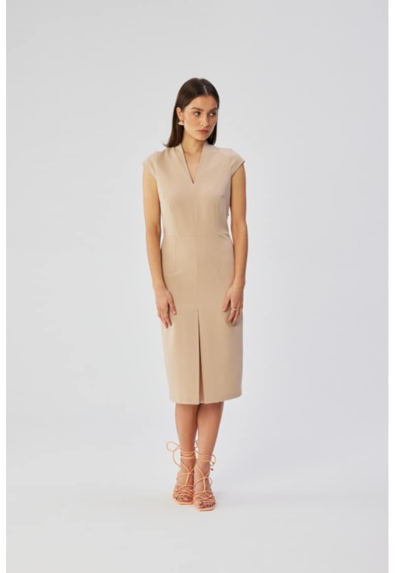 Rochie creion cu decolteu in V - - Bej