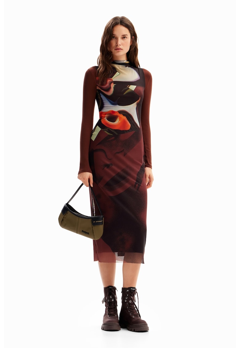Rochie cu aspect 2in1 - Negru/Maro scortisoara/Portocaliu mandarina