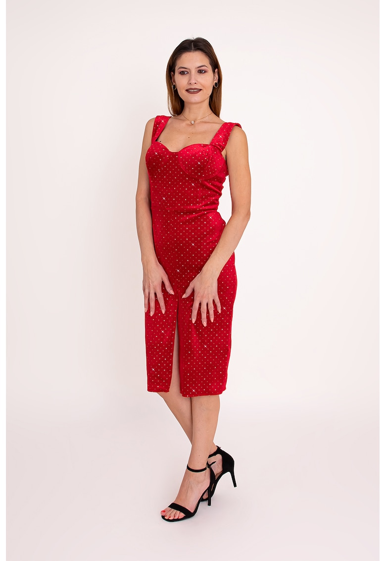 Rochie cu aspect de catifea si slit frontal Jade - Rosu
