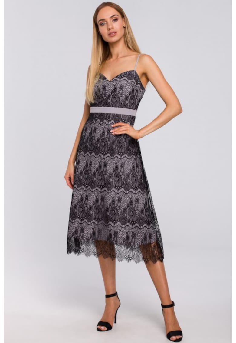 Rochie cu bretele din dantela taiata manual - - Gri inchis
