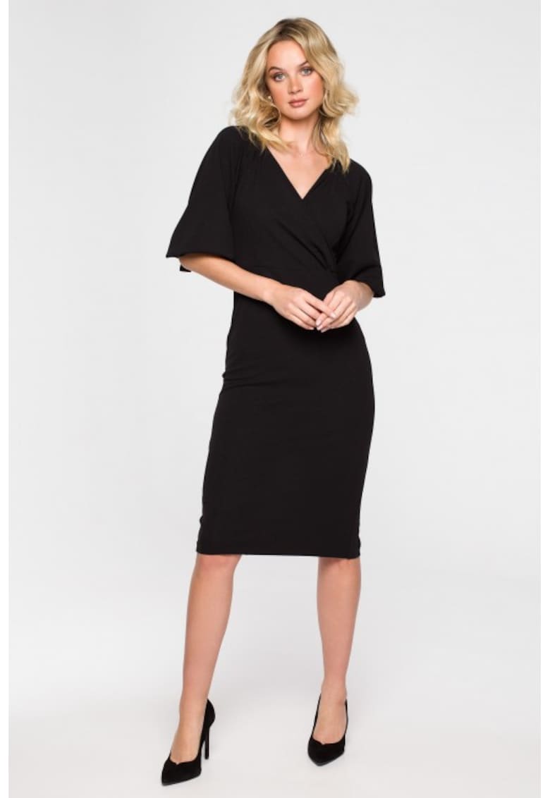 Rochie cu croiala petrecuta si maneci bufante - - Negru