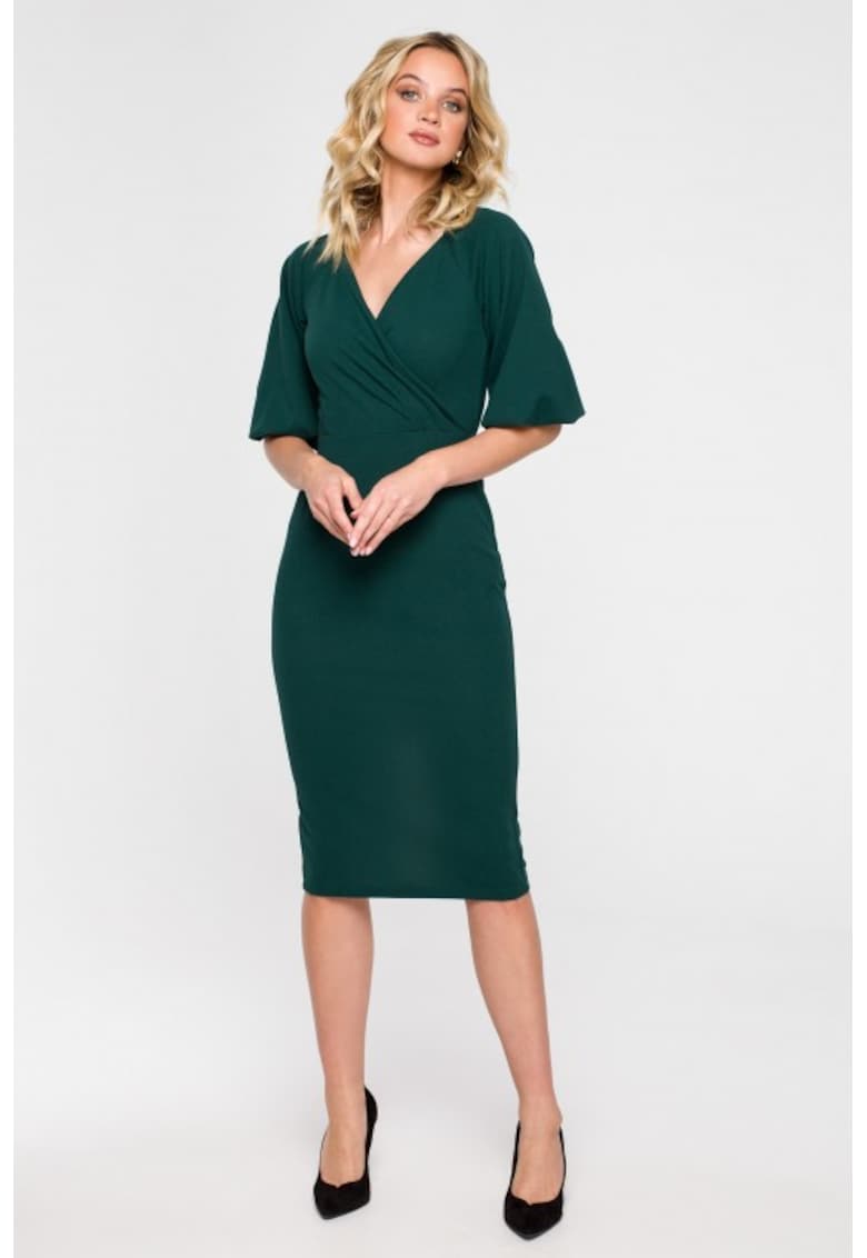 Rochie cu croiala petrecuta si maneci bufante - - Verde