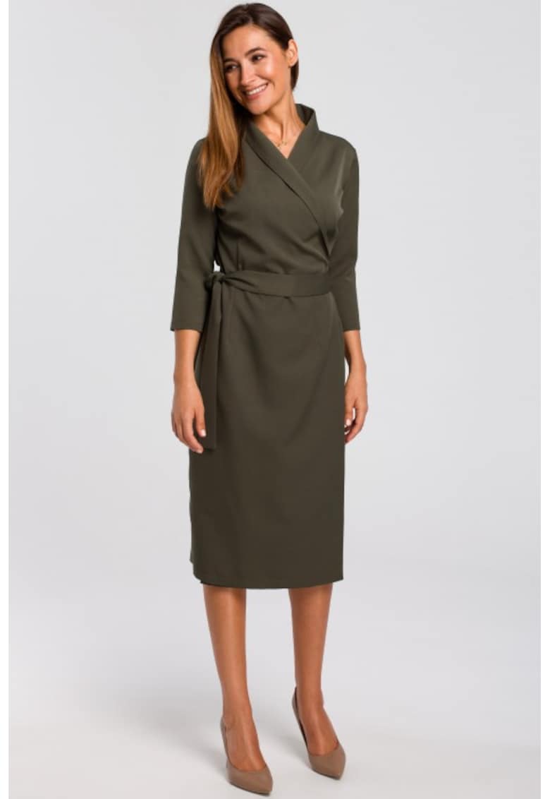 Rochie cu decolteu cache-coeur si curea in talie - - Kaki