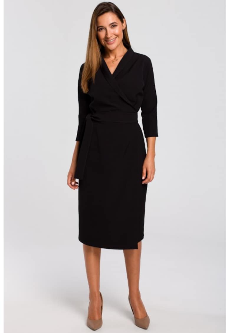 Rochie cu decolteu cache-coeur si curea in talie - - Negru