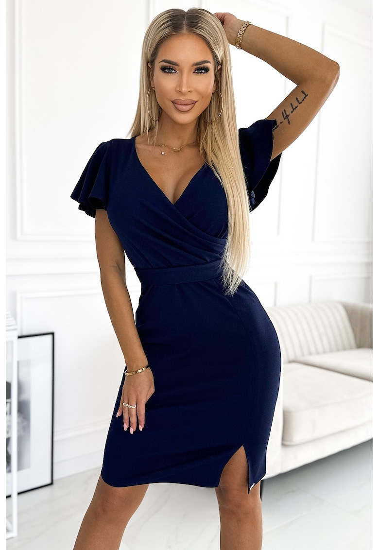 Rochie cu decolteu petrecut si maneca scurta - - Albastru marin