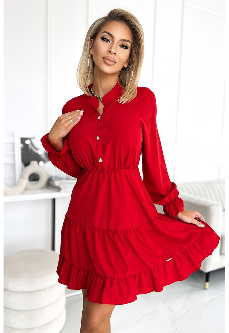 Rochie cu decolteu si nasturi aurii - - Rosu