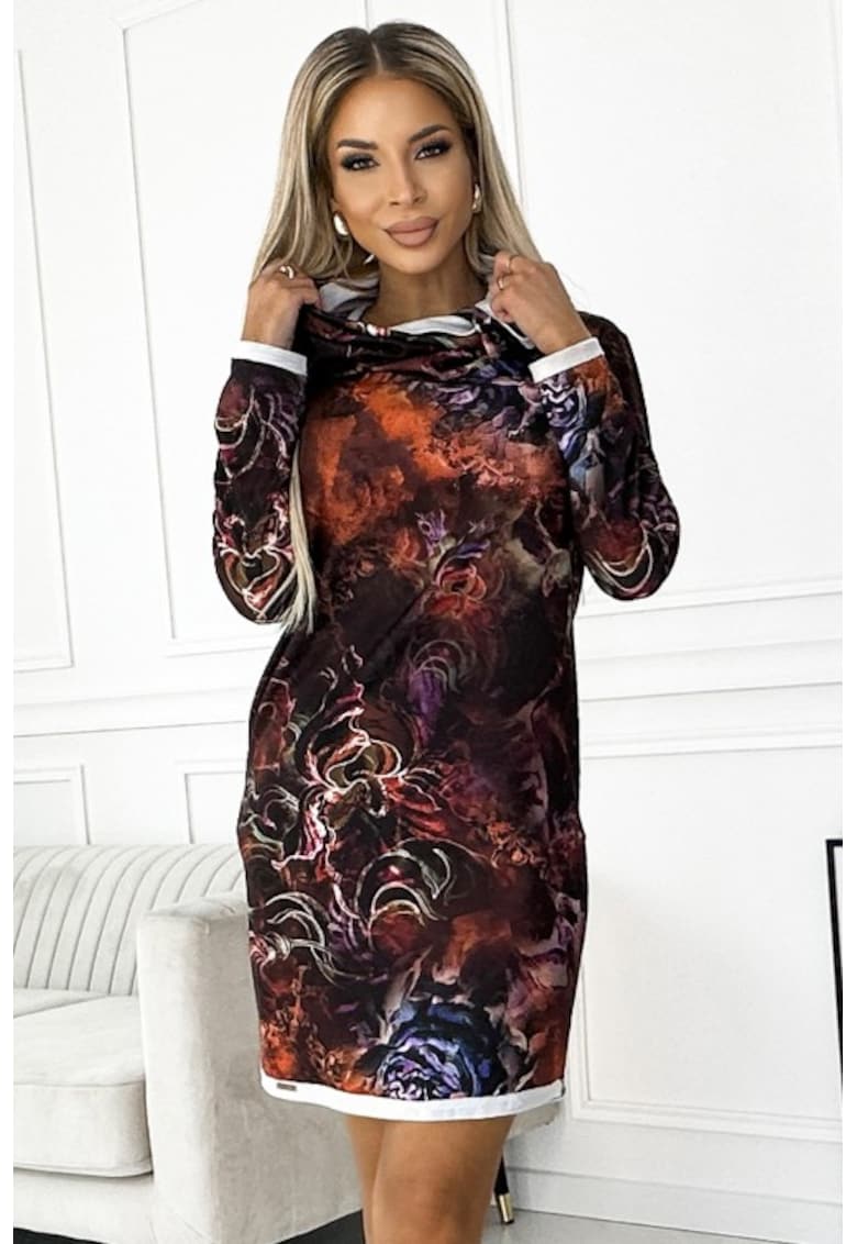 Rochie cu guler inalt si maneci trei sferturi - - Multicolor