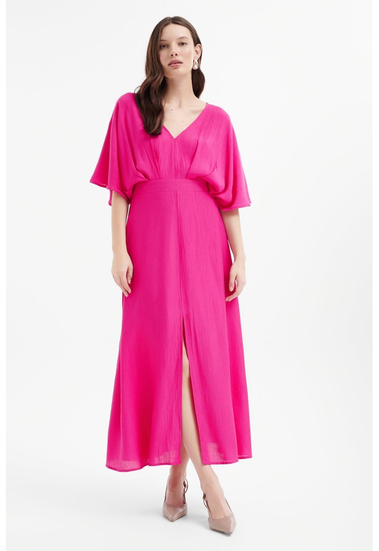 Rochie cu slit frontal si decolteu in V - Fucsia