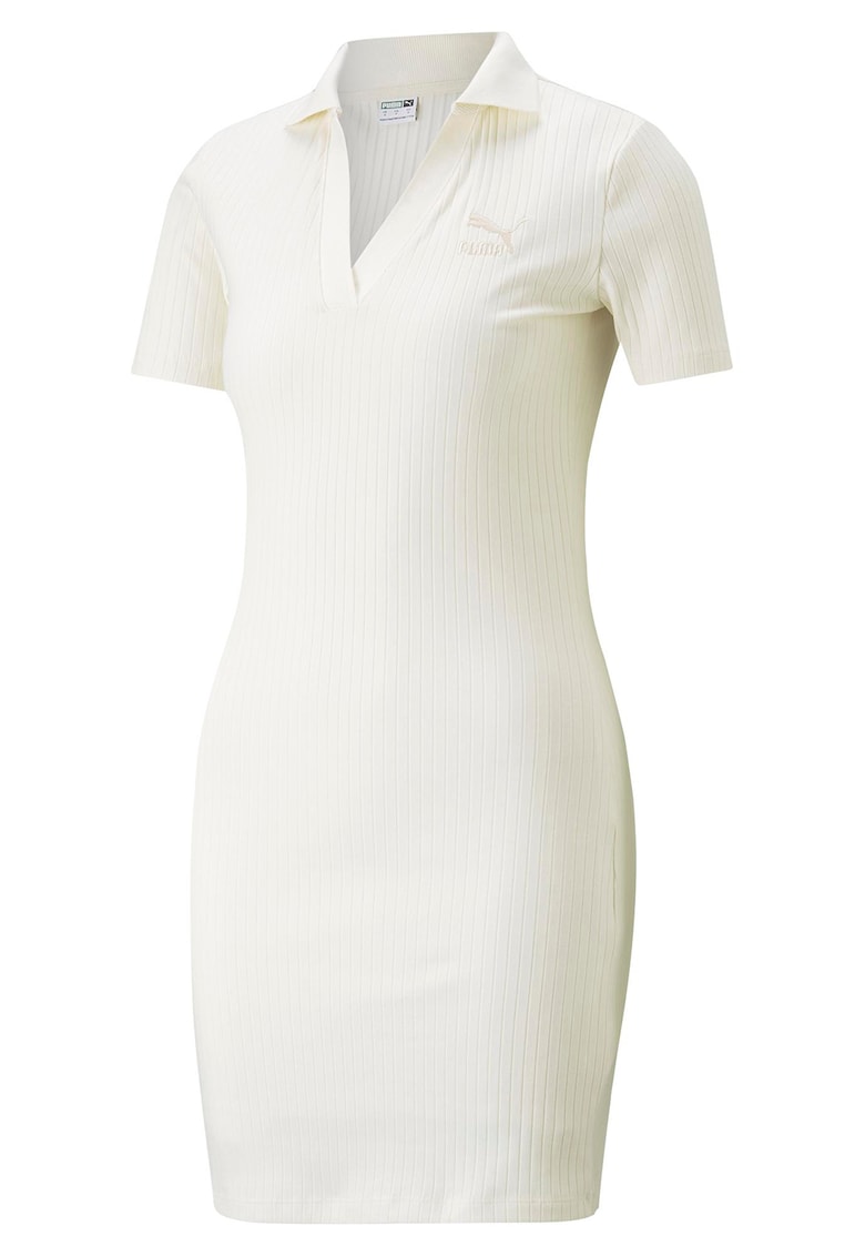 Rochie cu striatii si guler ascutit Classic - Alb murdar