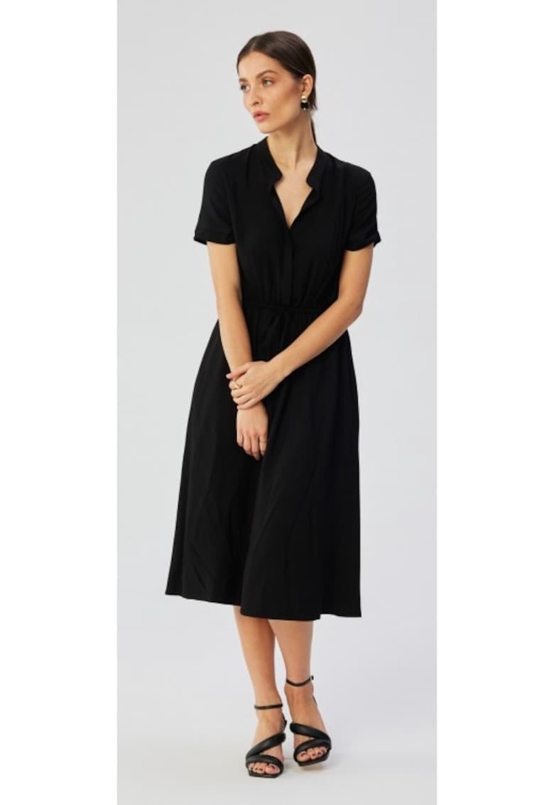Rochie dama - cu guler inalt si cravata in talie - Poliester - 76454 - Negru