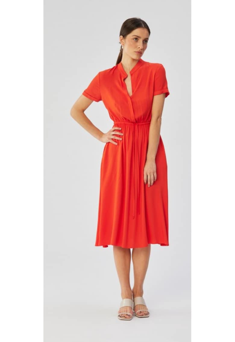 Rochie dama - cu guler inalt si cravata in talie - Poliester - Portocaliu - Coral
