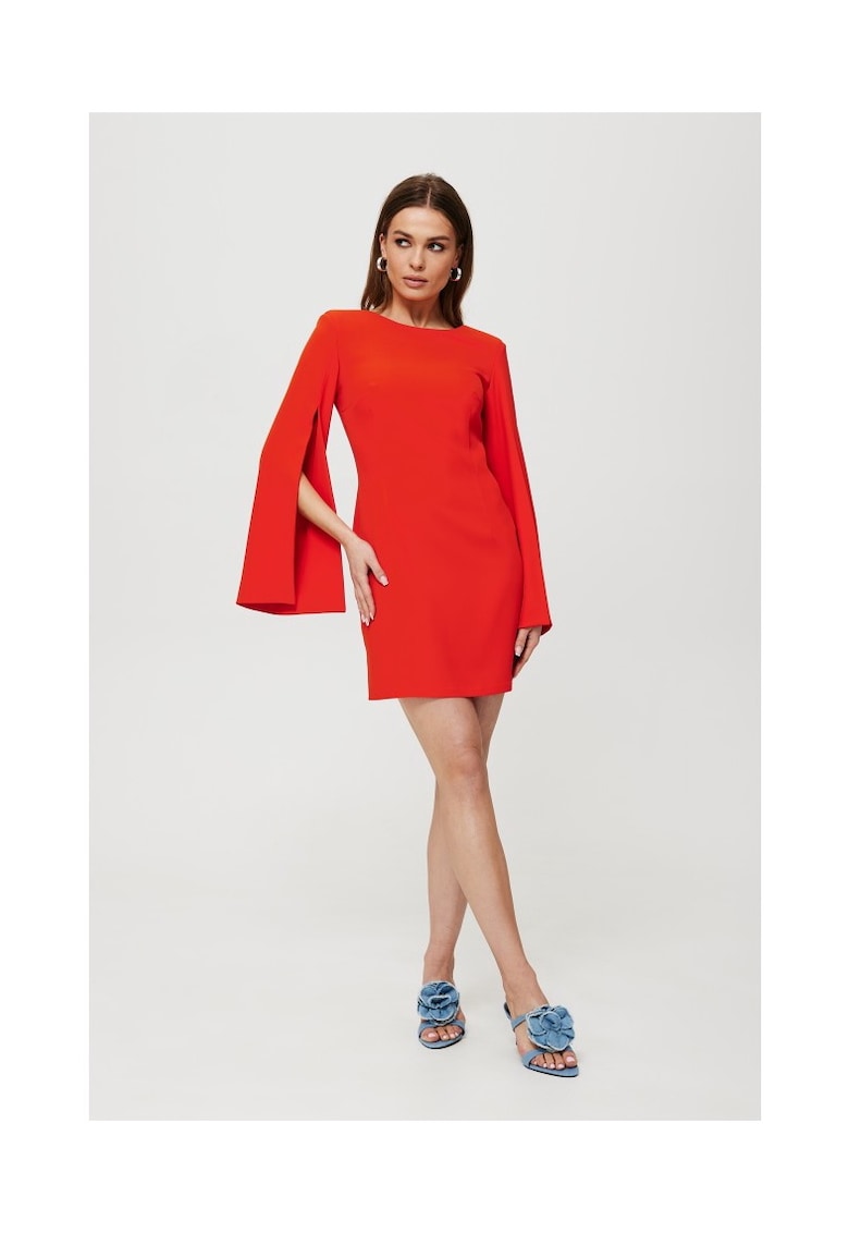 Rochie dama - cu maneci cu croiala - Poliester - Negru - Coral