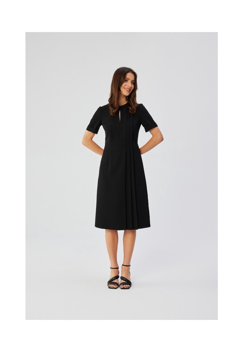 Rochie dama - cu pliuri laterale decorative - Poliester - 36798 - Negru