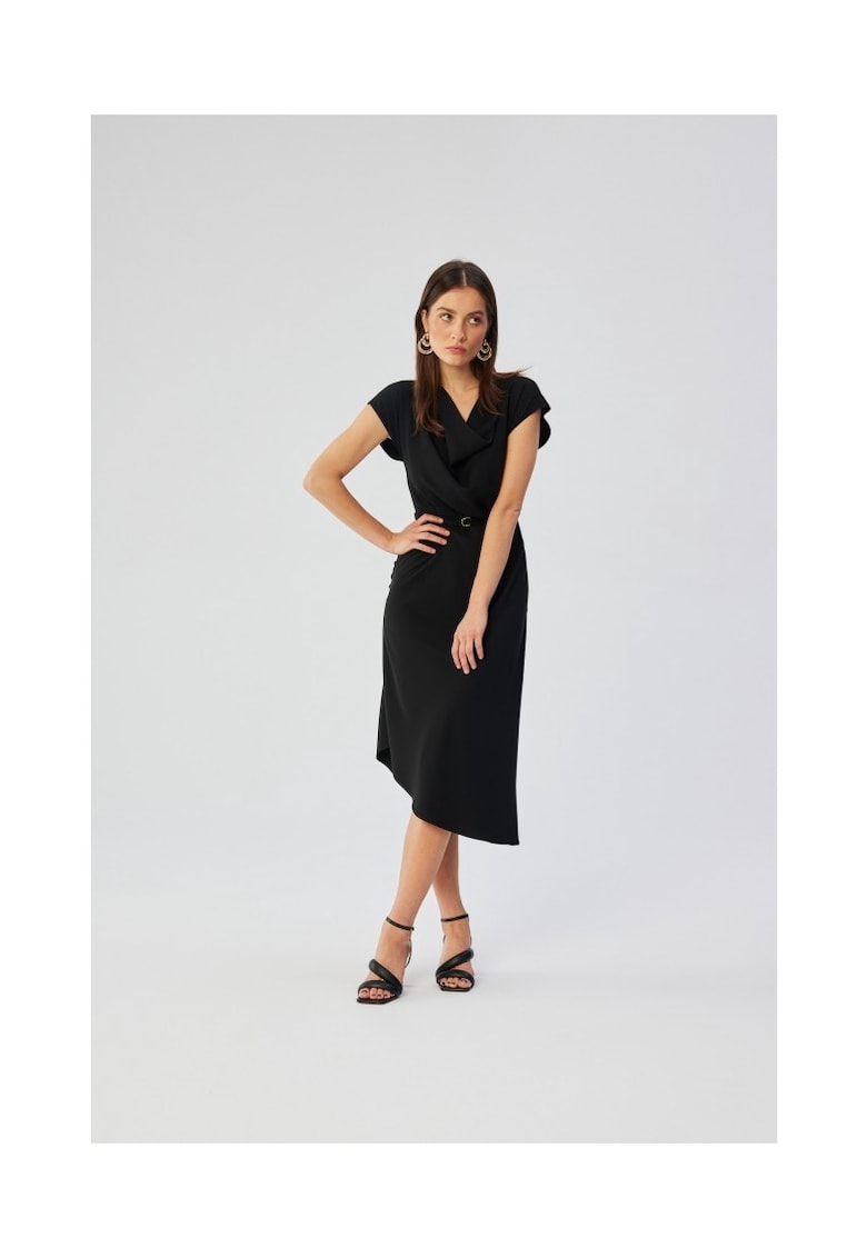 Rochie dama - cu pliuri laterale decorative - Poliester - Rosu - Negru