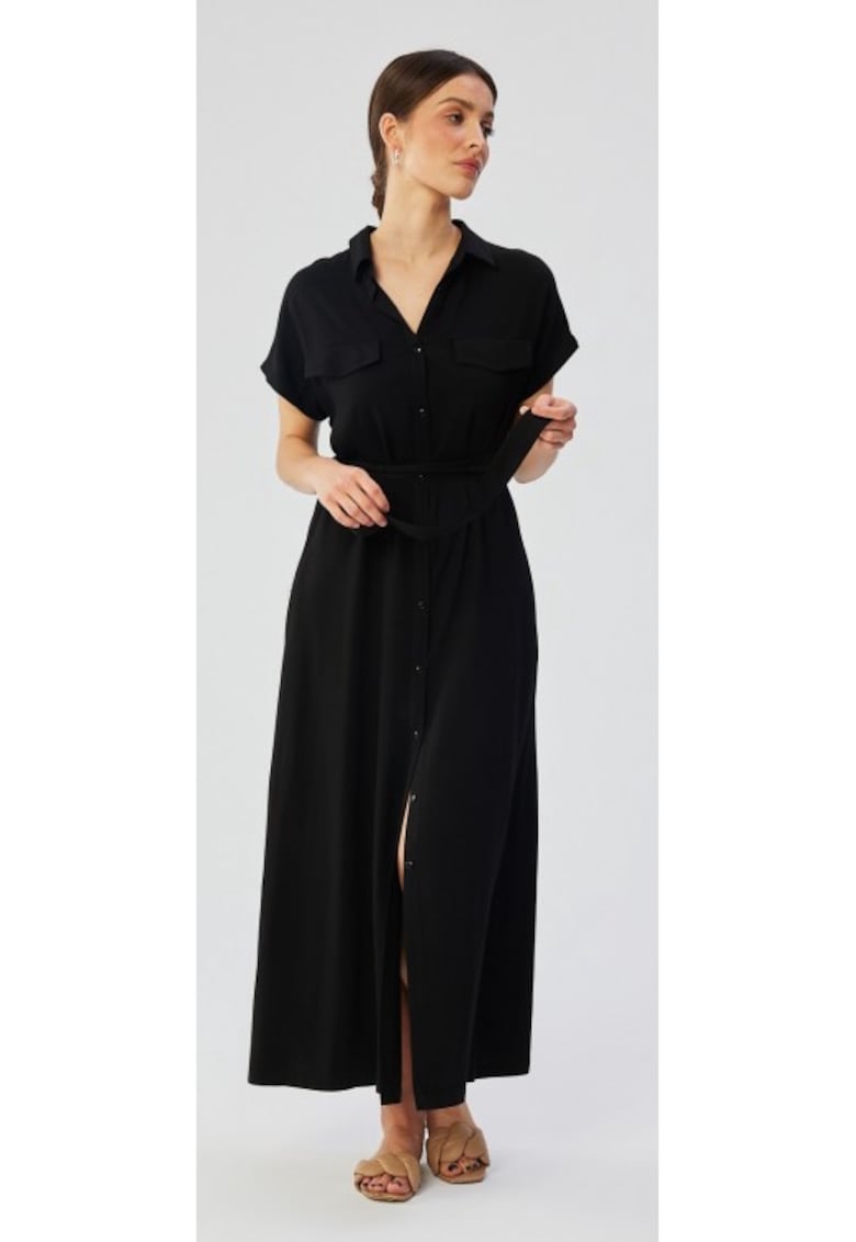 Rochie dama - maxi cu maneci scurte si maneci deschise - Poliester - Negru - Negru