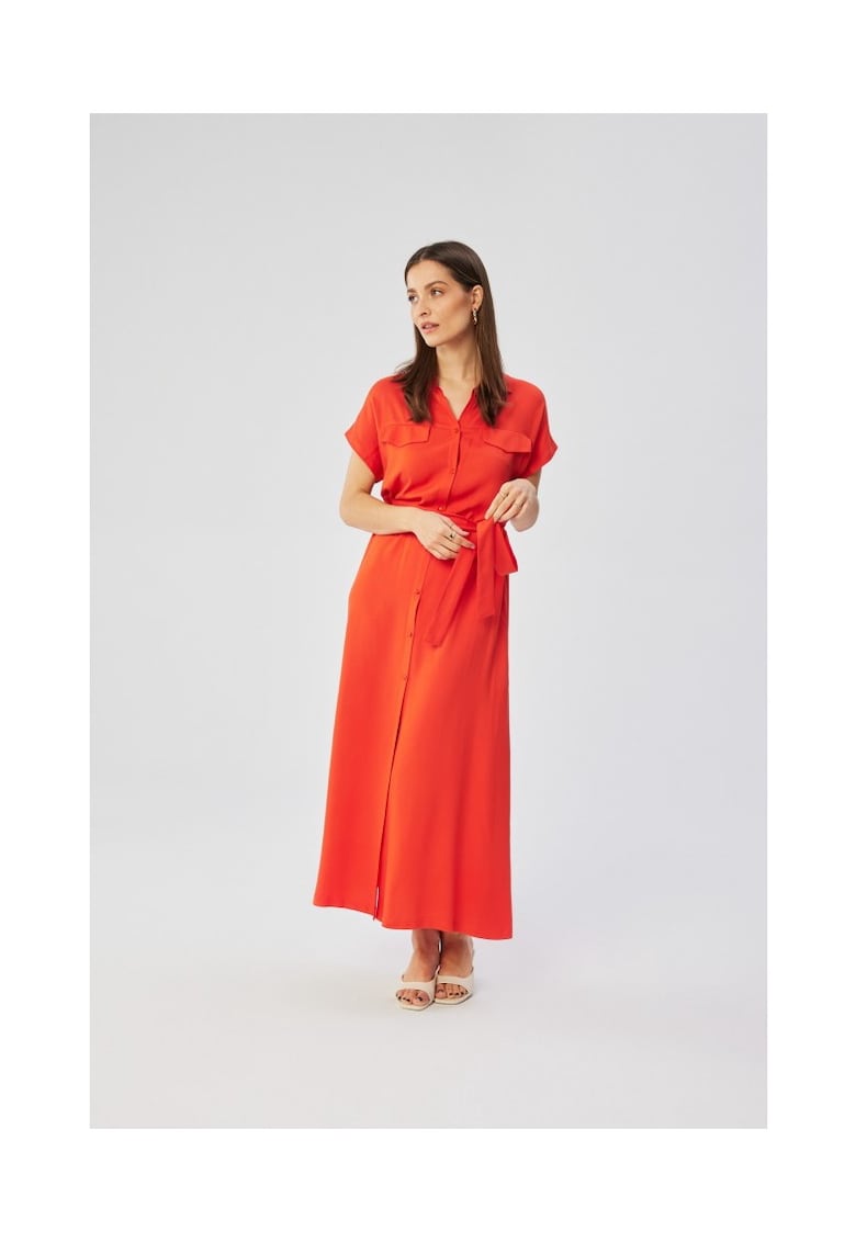 Rochie dama - maxi cu maneci scurte si maneci deschise - Poliester - Portocaliu - Coral