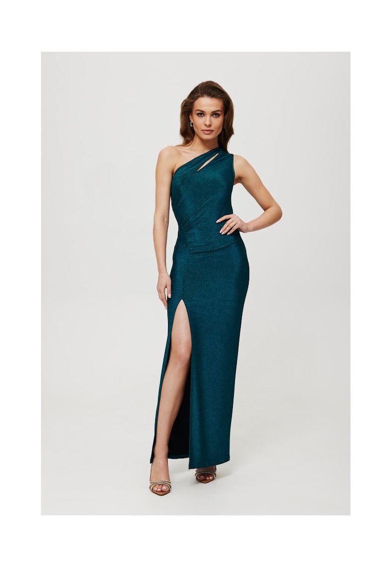 Rochie dama - maxi metalica cu cravata la decolteu - Poliester - Verde - Marin