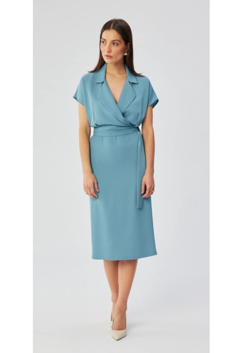 Rochie dama - midi cu guler - Poliester - 564897 - Albastru