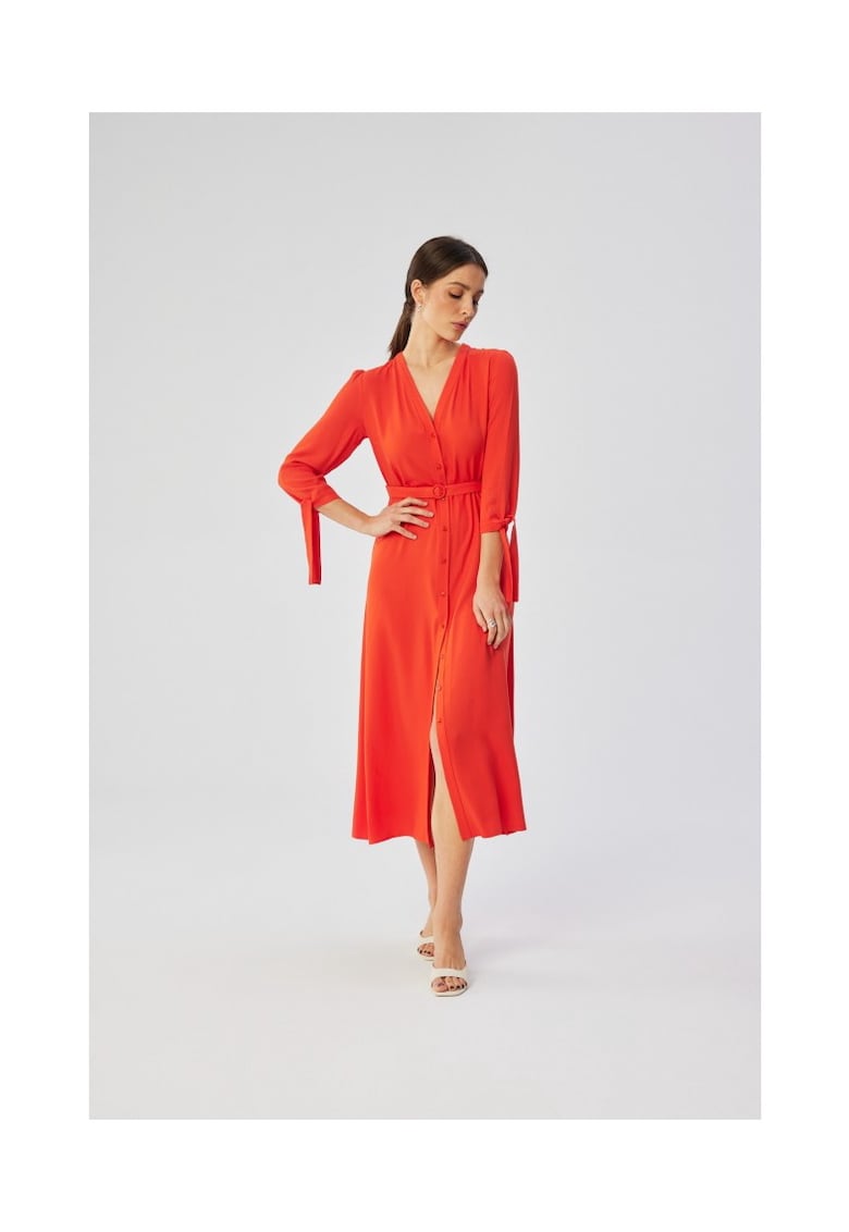 Rochie dama - midi cu mansete legate - Poliester - 54875 - Coral