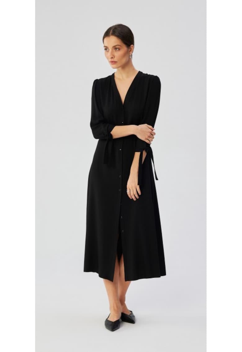 Rochie dama - midi cu mansete legate - Poliester - 54875 - Negru