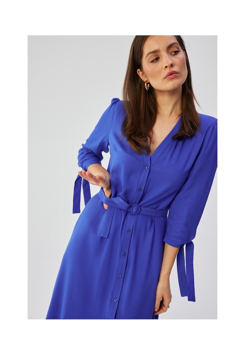 Rochie dama - midi cu mansete legate - Poliester - Rosu - Albastru